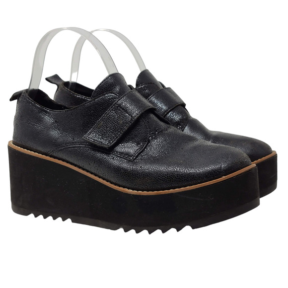 EILEEN FISHER Zola Black Pebbled Leather Platform Wedge Oxford Women's 9 - Picture 2 of 13